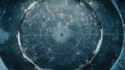 Top view of ice rink face-off circle, puck in center with clear copy area