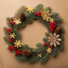 Festive Christmas wreath. Round frame made of conifer branches decorated with cones, artificial red berries and decorative gold snowflakes