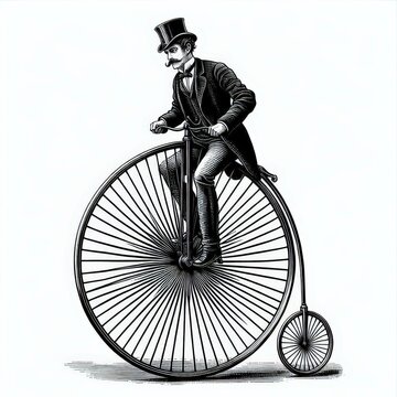 recommend clip art: old fashioned gentleman ride high wheel vintage penny farthing bicycle sketch engraving. Black and white image.