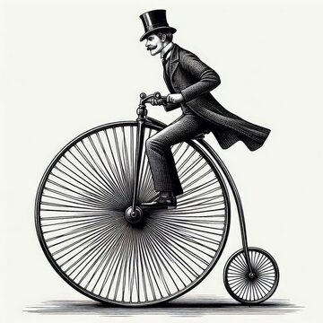 recommend clip art: old fashioned gentleman ride high wheel vintage penny farthing bicycle sketch engraving. Black and white image.
