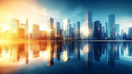 A stunning perspective of modern skyscrapers in a futuristic financial district.