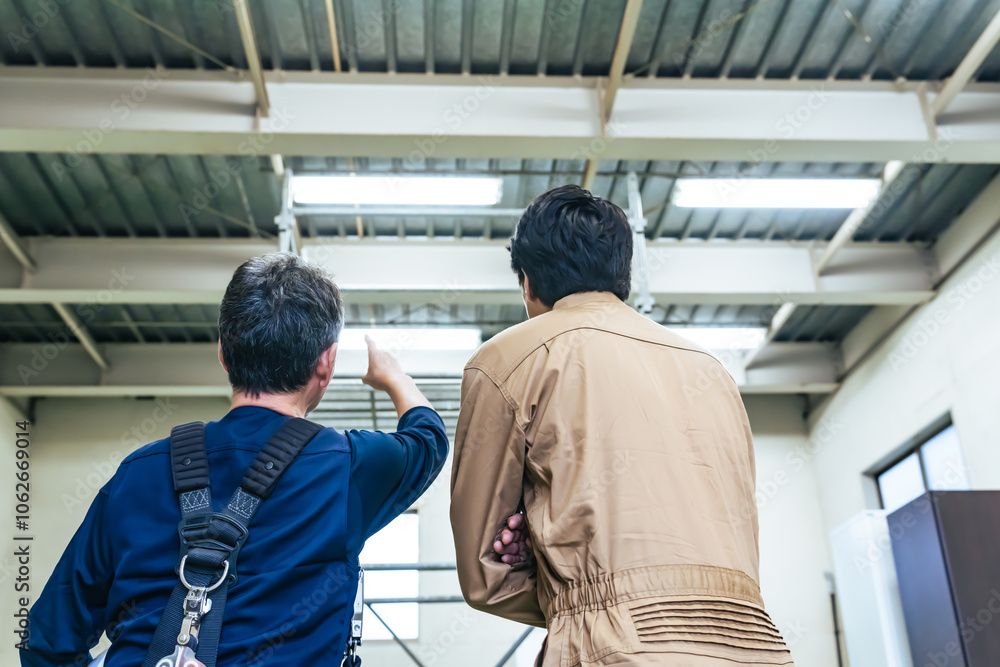 Poster 工事、現場、作業員、職人、大工、建設、点検、メンテナンス、検査、後ろ姿、背中、エンジニア、男性、日本人、見積もり、改修、修繕、修理、技師、コンビ、協力、チームワーク、挑戦、チャレンジ、見る、人材、親方、棟梁、鳶、佐官、ワイヤーハーネス、高所作業、足場、ローリングタワー、確認、チェック、安全、作業服、屋根、倉庫、工場、老朽化、経年劣化、保守、仕事、建築、監督、管理、業者、人物
