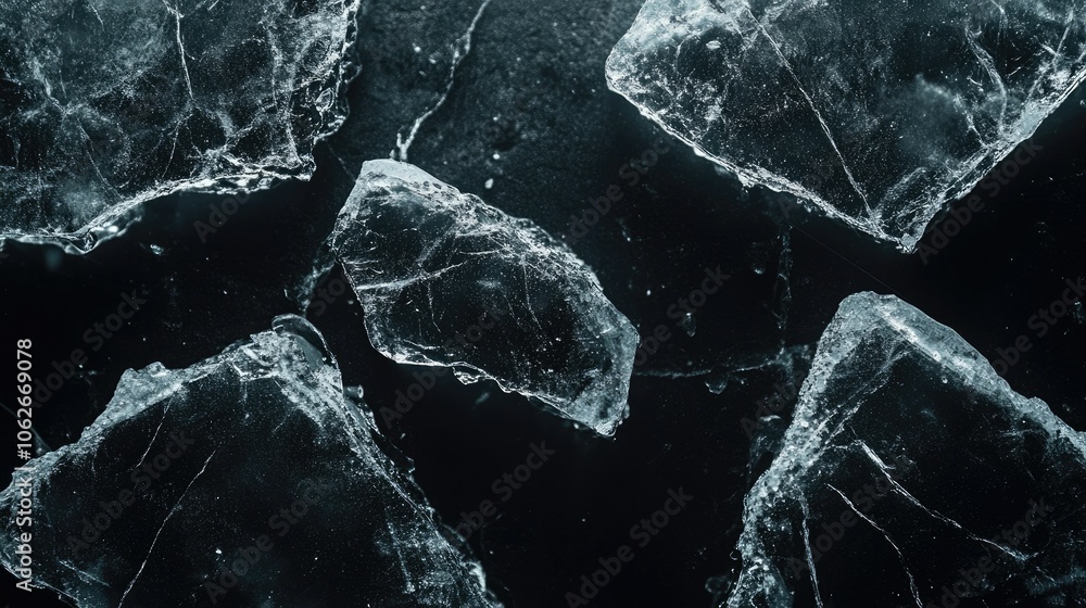 Poster top view of transparent ice blocks with cracks, ample copy space on dark background