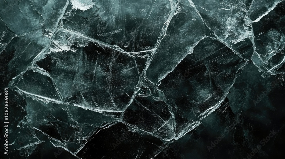 Poster Top view of transparent ice blocks with cracks, ample copy space on dark background