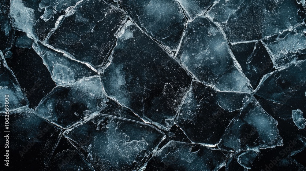Poster top view of transparent ice blocks with cracks, ample copy space on dark background