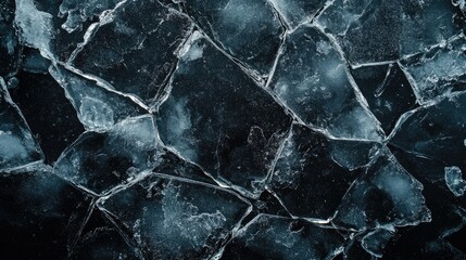 Obraz premium Top view of transparent ice blocks with cracks, ample copy space on dark background