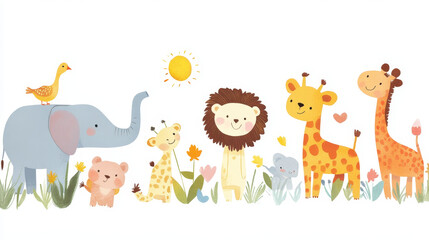 Obraz premium Include various animals like elephants, giraffes, lions, and birds, each with friendly expressions.