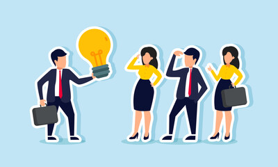 Fototapeta premium A businessman presenting a lightbulb to several business partners, illustration of showing and presenting new innovation and ideas offered to partners