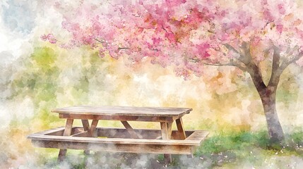 Naklejka premium Watercolor Artistic using soft, brushy watercolor strokes, Soft Color, Single object picture - a wooden picnic table placed under a blooming tree