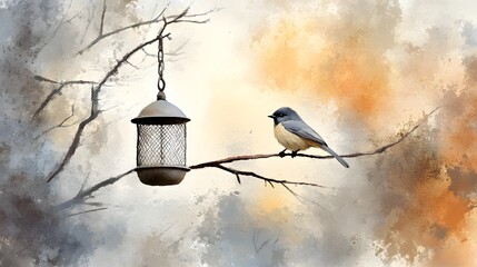 Watercolor Artistic using soft, brushy watercolor strokes, Soft Color, Single object picture - a small decorative bird feeder nestled among tree branches