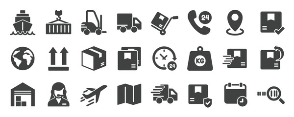 Delivery glyph solid icons collection. Containing shipping, courier, logistic, warehose, loading. Minimal icon and symbol series vector illustration