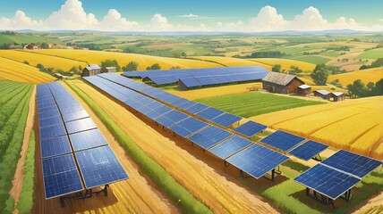 "A rural farmland scene at sunrise, featuring rows of solar panels alongside tall green crops