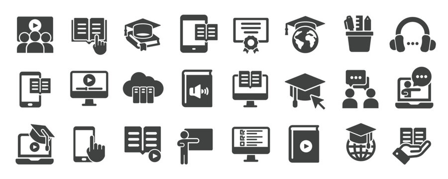 E-learning glyph solid icons collection. Containing education, graduate school, learning, tutorial. Minimal icon and symbol series vector illustration
