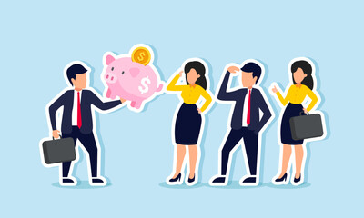 Obraz premium A businessman presenting a piggy bank to several business partners, illustration of showing and presenting financial investment strategy to partners