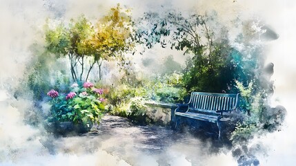Obraz premium Watercolor Artistic using soft, brushy watercolor strokes, Soft Color, Single object picture - a simple outdoor garden bench placed near a tree