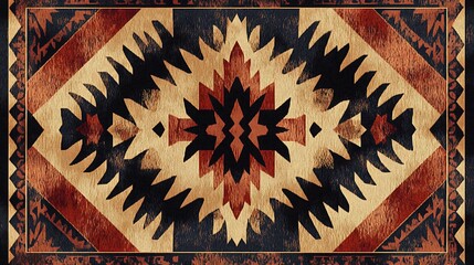 A seamless tribal carpet design with bold diamond shapes and triangles, earthy tones of red clay, brown, and sand, symmetrical, capturing the rustic essence of traditional ethnic patterns,