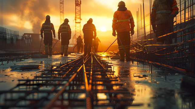 Workers Installing Rebar for Concrete Bridge Construction