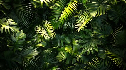 Fototapeta premium A seamless tropical carpet pattern with overlapping palm and fern leaves, richly detailed in varied green shades, sunlight softly illuminating edges, creating a dense, immersive jungle feel,