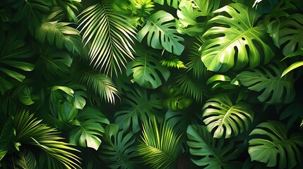 A seamless tropical carpet pattern with overlapping palm and fern leaves, richly detailed in varied green shades, sunlight softly illuminating edges, creating a dense, immersive jungle feel,