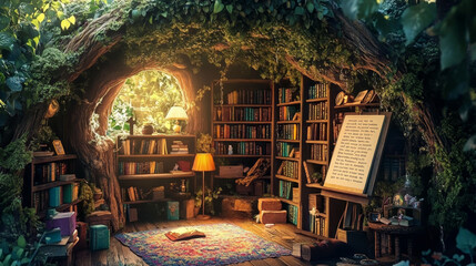 Set the scene in a fantasy environment, like a magical forest or cozy library, with glowing lamps, mysterious objects, and a chalkboard or scroll displaying bright, fun riddles.