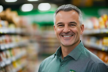 Fototapeta premium Portrait featuring a grocery store manager in his shop.