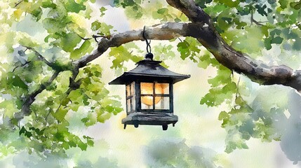 Watercolor Artistic using soft, brushy watercolor strokes, Soft Color, Single object picture - a decorative outdoor lantern hanging from a tree branch
