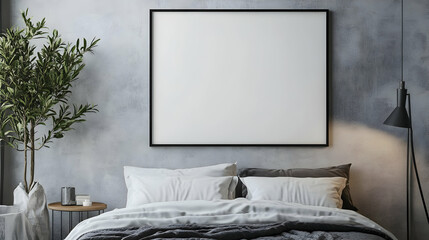 A minimalist black-framed blank canvas on a soft white wall with surrounding greenery, creating a refreshing and natural look