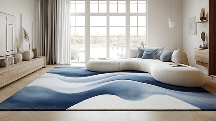 A seamless wave-inspired carpet pattern with gentle, curving lines in soft blue and creamy white, creating a calming flow, subtle gradient transitions for depth and a natural water-like texture,