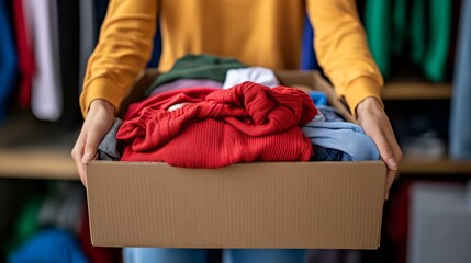 A vibrant collection of clothing items packed by volunteer hands for donation.
