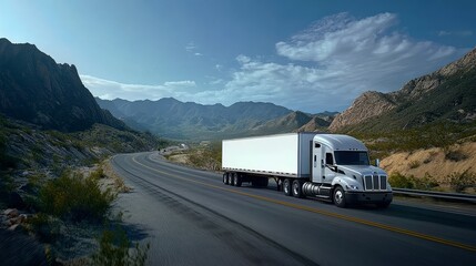 Empty white trailer in motion against a mountain backdrop.