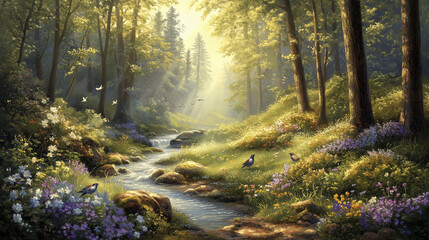 Obraz premium Majestic Mountain Lake with Wildlife at Sunrise