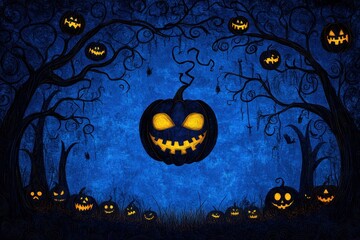 Spooky Halloween Panoramic Background with Carved Pumpkins and Silhouette Trees on Dark Blue Texture