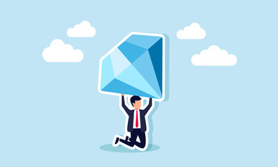 A businessman kneeling while lifting a diamond, illustration of the burden carried from owning valuable investment assets