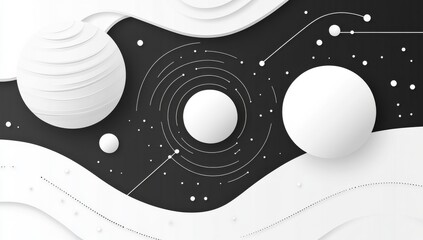 Obraz premium lat illustration of space, in black and white, with simple shapes, circles and lines, design on a white background.