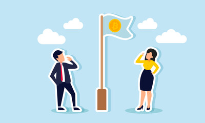 A businessman and businesswoman standing by a Bitcoin flagpole, observing it, illustration of analyzing and monitoring the strong performance of Bitcoin investment assets