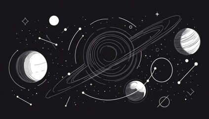 lat illustration of space, in black and white, with simple shapes, circles and lines, design on a white background.