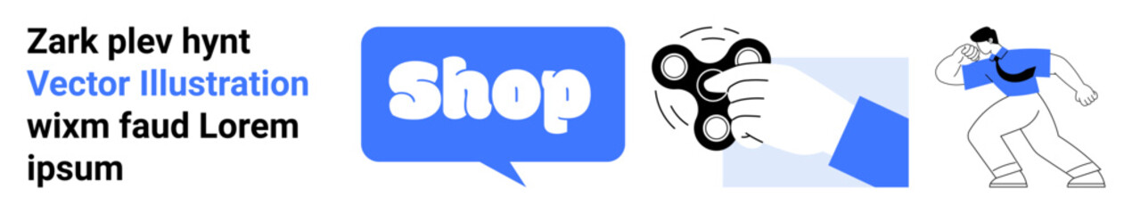 Features a call to action bubble saying Shop, two cartoon characters, and a hand holding a spinner. Ideal for online shopping, e-commerce, digital marketing, advertising, and promotional campaigns