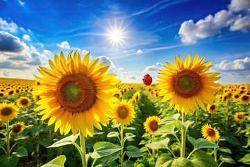 Fototapeta premium Wide-angle sunflower field with blue sky and ladybugs