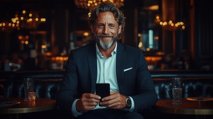 Fototapeta premium Mobile Banking at Cafe: Happy Businessman Checking Bank Account on Phone