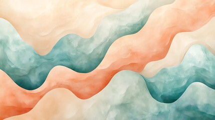 Fototapeta premium A watercolor-inspired seamless carpet pattern with abstract, flowing designs, blending soft colors like peach, teal, and cream, smooth transitions creating a calming gradient,