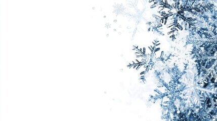 Obraz premium Detailed snowflake close-up on smooth white background, blank area
