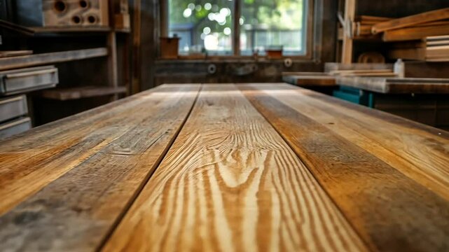A beautifully crafted wooden tabletop is highlighted in a workshop as sunlight filters through the window, showcasing the natural grain and texture of the wood