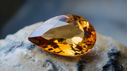 Obraz premium A lustrous amber gemstone resting on a smooth stone surface, highlighted by natural lighting