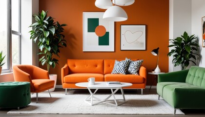 a contemporary interior design scene featuring a sleek white coffee table in front of an orange upholstered couch, complemented by geometrically shaped decorations and a green plant