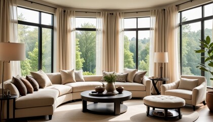 a contemporary living room featuring a beige sofa, round coffee table, and armchair. Large windows with sheer curtains allow soft natural light to fill the space, with a view of greenery outside