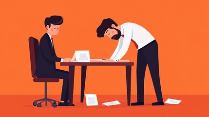 Boss standing over stressed employee, emphasizing the pressure and hierarchy in the workplace. Leadership and workplace dynamics.