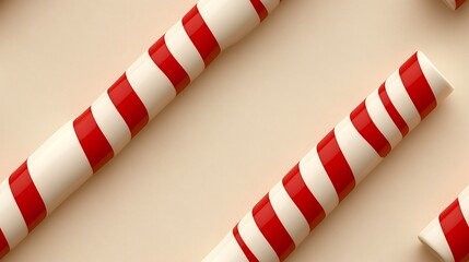 Diagonal stripes in red and white with a modern candy cane theme, arranged on a soft cream-colored background. Crisp, high-definition finish with a slight sheen, minimalist and festive.