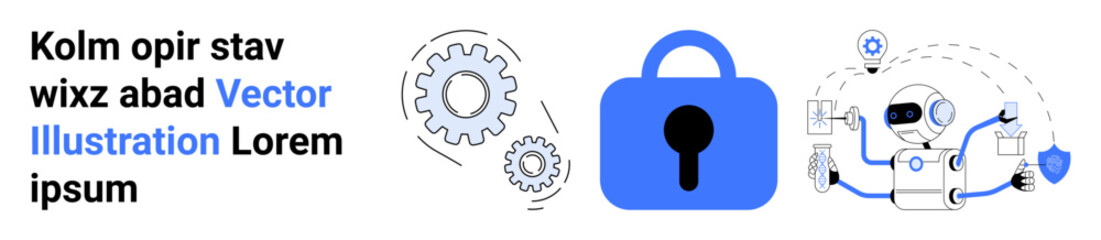 Padlock symbolizing security with gears representing mechanisms and a robot managing data analytics. Ideal for tech blogs, security services, software development, AI research, data analytics, IT