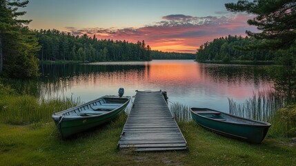 Obraz premium A peaceful dock by a lake with boats tied to it, the sky transitioning into sunset.