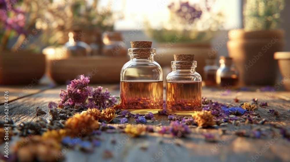 Poster essential oils and dried herbs flowers displayed on a rustic wooden table with a holistic healing se